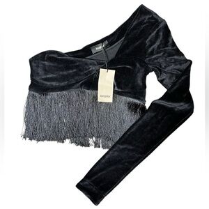 Bogdar Velvet Fringe One Shoulder Copped Top Size Small